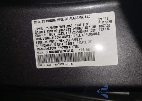 2020 Honda Odyssey Ex-L/Ex-L W/Navi Res z USA, uszkodzony, nr VIN 5FNRL6H75LB008412